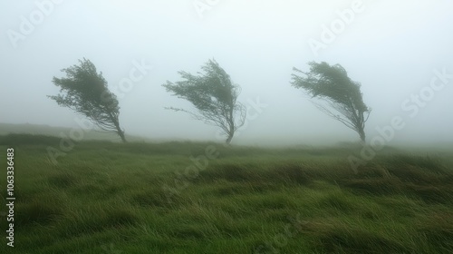 Wallpaper Mural Trees bent by strong wind in a foggy field, illustrating wind resistance. Torontodigital.ca