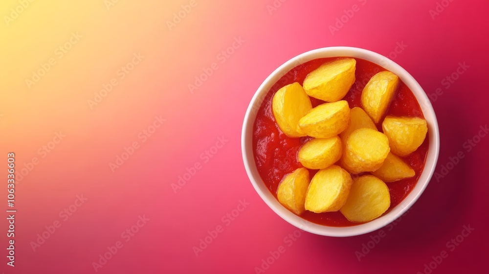 A bowl of patatas bravas, a classic Spanish tapas dish, featuring crispy fried potatoes in a spicy tomato sauce. A bowl of patatas bravas, a classic Spanish tapas dish, featuring crispy fried potatoes in a spicy tomato sauce.