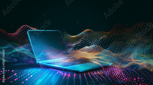 The abstract design features a laptop surrounded by colorful wave patterns, representing digital creativity and modern technology. Generative AI