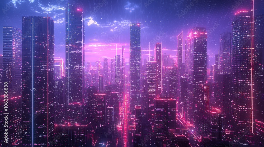 Towering skyscrapers submerged in a soft purple hue with pink neon lights, blending urban advancement and creativity on a rainy evening in this dreamy cityscape. Towering skyscrapers submerged in a soft purple hue with pink neon lights, blending urban advancement and creativity on a rainy evening in this dreamy cityscape.