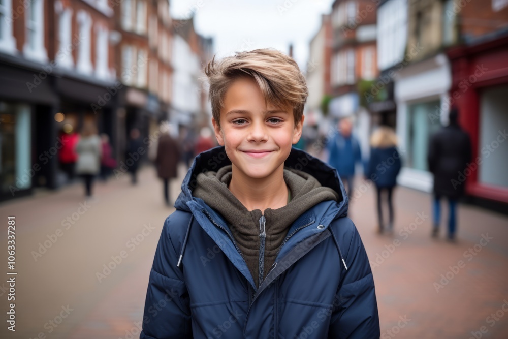 Portrait of a boy in a blue down jacket on the street. Portrait of a boy in a blue down jacket on the street.