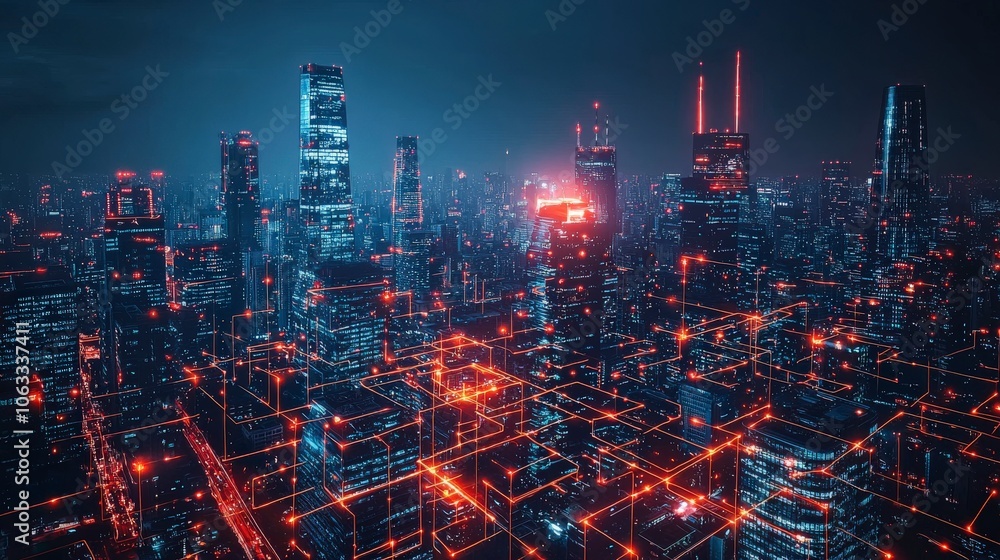 A futuristic cityscape pierced by an intricate network of red grid lines, accentuating its towering architectural marvels and symbolizing progress and connectivity. A futuristic cityscape pierced by an intricate network of red grid lines, accentuating its towering architectural marvels and symbolizing progress and connectivity.