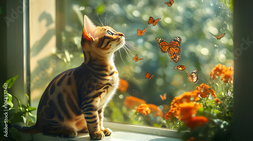 A Playful Egyptian Mau Cat Enjoying a Beautiful View from a Windowsill Overlooking a Vibrant Flower Garden photo