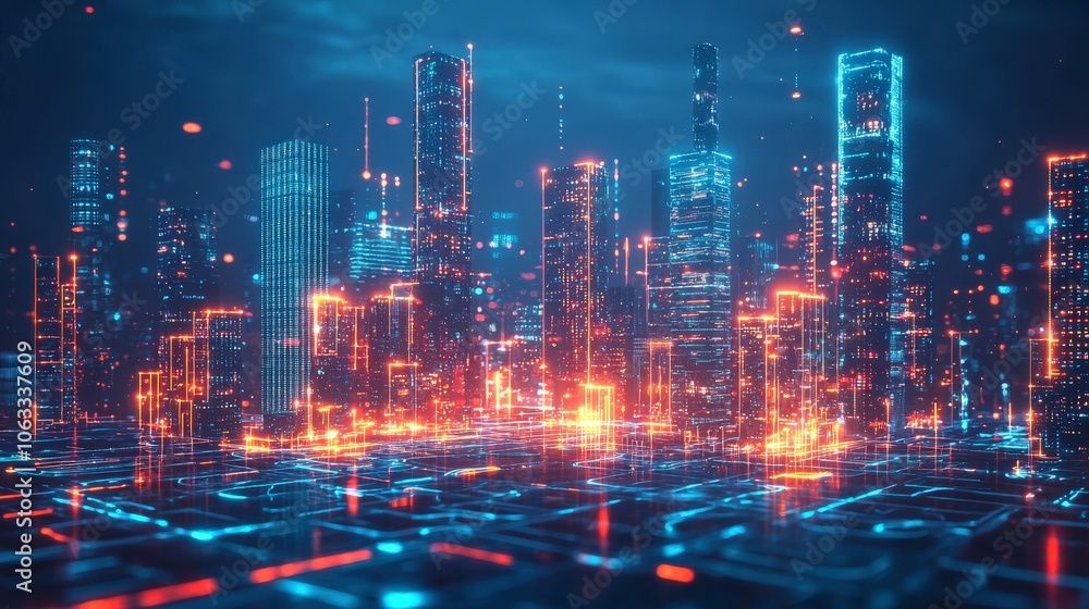 A digital city with futuristic skyscrapers aglow with neon blues and oranges, highlighting the interplay between technology and urban evolution in a cyber setting. A digital city with futuristic skyscrapers aglow with neon blues and oranges, highlighting the interplay between technology and urban evolution in a cyber setting.