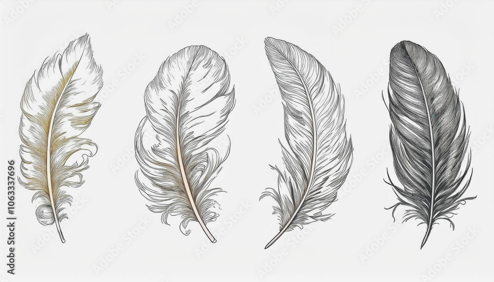 Obraz premium Feather icon set. Hand drawn illustration. Doodle sketch.