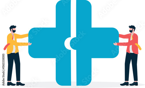 Vector of two doctors putting puzzle pieces together a symbol of team work and collaboration

