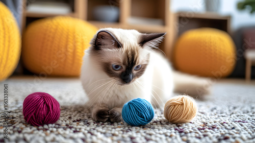 A Playful Birman Cat Engaged in Fun with Colorful Yarn in a Cozy Room Filled with Sunlight photo