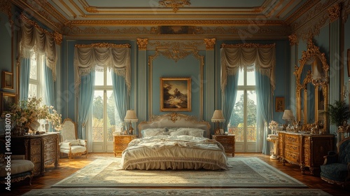 A grand and luxurious bedroom with a large bed, ornate furniture, and elegant decor. The room is bathed in warm sunlight streaming through large windows.