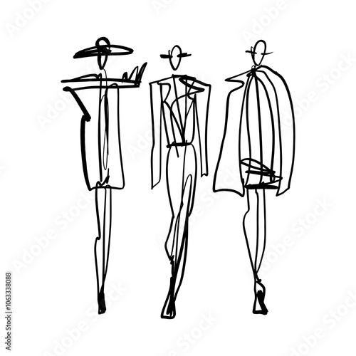 Podium abstract women with hat black ink brush fashion week design clothing sketch. Fashionable models hand drawn illustration, stylized inky brush silhouette isolated on white background clipart