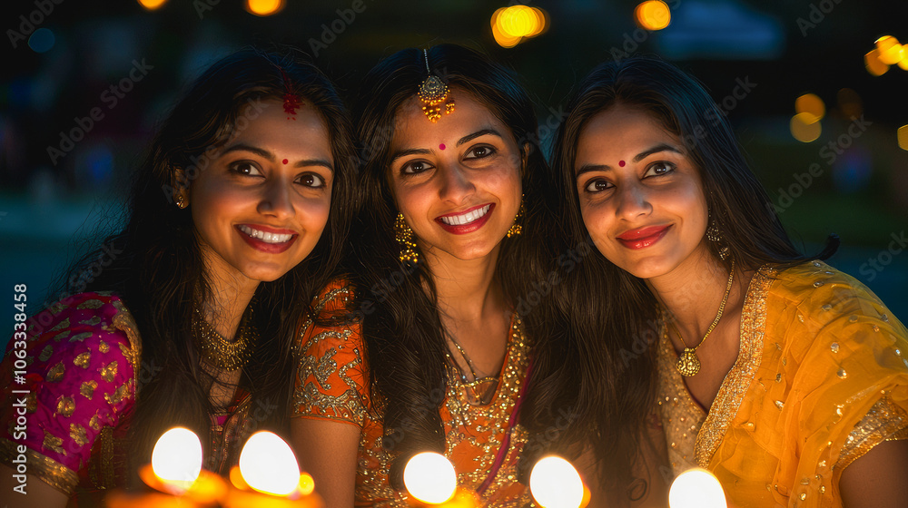 Portrait of indian women with candles at diwali night outdoor - Asian people and hinduism concept - Models by AI generative Portrait of indian women with candles at diwali night outdoor - Asian people and hinduism concept - Models by AI generative