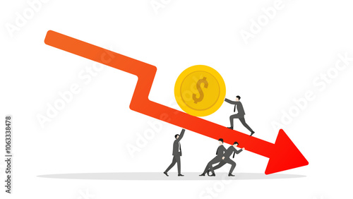 A businessman pushing a big coin upward on a red arrow graph down with teamwork support. Concepts of business, financial growth, economic strategy, investment success, and wealth management