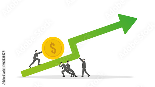 A businessman pushing a big coin upward on a green arrow graph rising with teamwork support. Concepts of business, financial growth, economic strategy, investment success, and wealth management