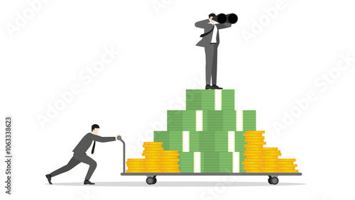 A determined businessman pushing a money trolley with boss uses binoculars on top. Financial growth, strategy, and success in investment. Economic ambition of wealth-focused goal for corporate growth