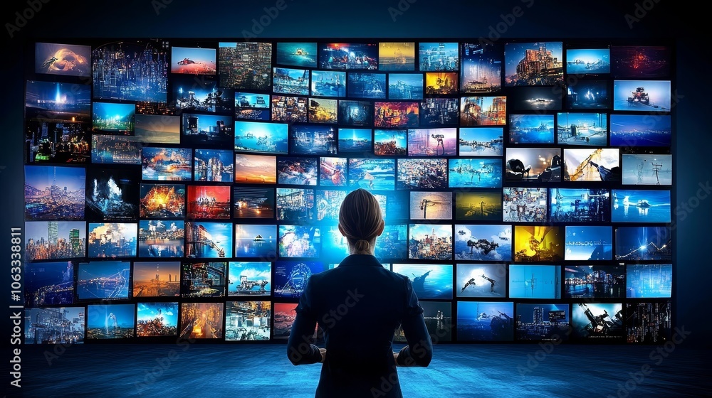 Businesswoman Viewing Video Wall, Abstract Visuals, Data Analysis, Technology Concept. Businesswoman Viewing Video Wall, Abstract Visuals, Data Analysis, Technology Concept.