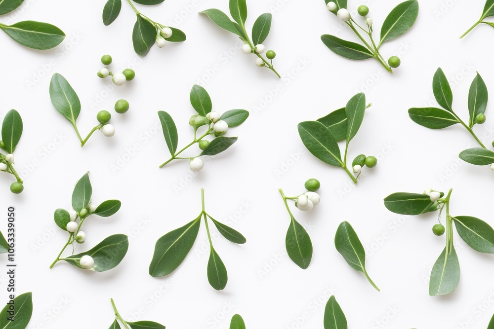 Naklejka premium twig background in green with round seeds in the same tone t white.