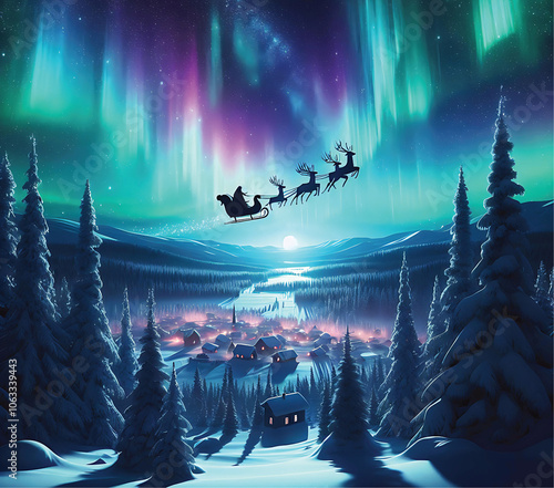 Enchanting Winter Landscape with Santa's Sleigh Flying Under the Northern Lights – Perfect for 20 oz Tumbler Sublimation, Holiday Postcards, Stickers, and Web Use