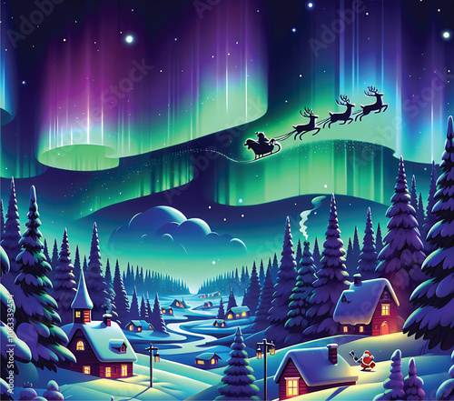 Enchanting Winter Landscape with Santa's Sleigh Flying Under the Northern Lights – Perfect for 20 oz Tumbler Sublimation, Holiday Postcards, Stickers, and Web Use