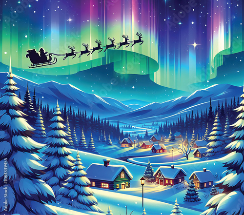 Enchanting Winter Landscape with Santa's Sleigh Flying Under the Northern Lights – Perfect for 20 oz Tumbler Sublimation, Holiday Postcards, Stickers, and Web Use