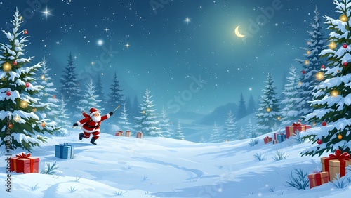 Christmas scene in snowy forest under starry sky background 