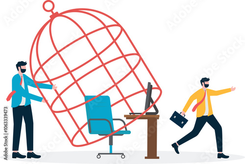 Businesswoman freedom from working in birdcage

