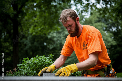 groundskeeper in safety gloves maintaining memorial stone