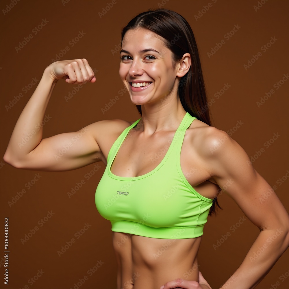 A toned athlete poses confidently in a green sports bra on a warm brown backdrop for a fitness wellness promotion A toned athlete poses confidently in a green sports bra on a warm brown backdrop for a fitness wellness promotion