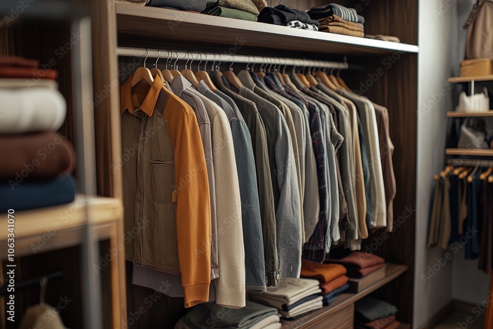 Stylish Clothing Racks Displaying a Variety of Outerwear and Folded Garments in a Contemporary Retail Store Stylish Clothing Racks Displaying a Variety of Outerwear and Folded Garments in a Contemporary Retail Store