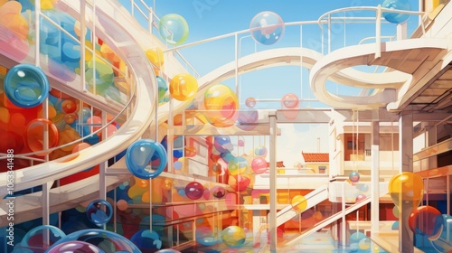 Children enjoy a lively atmosphere with colorful spheres and slides, creating a playful environment full of joy and imagination. Generative AI