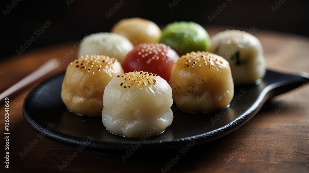 a variety of bao buns, each with a different topping and color. The buns are arranged on a black plate, creating a visually appealing contrast. a variety of bao buns, each with a different topping and color. The buns are arranged on a black plate, creating a visually appealing contrast.