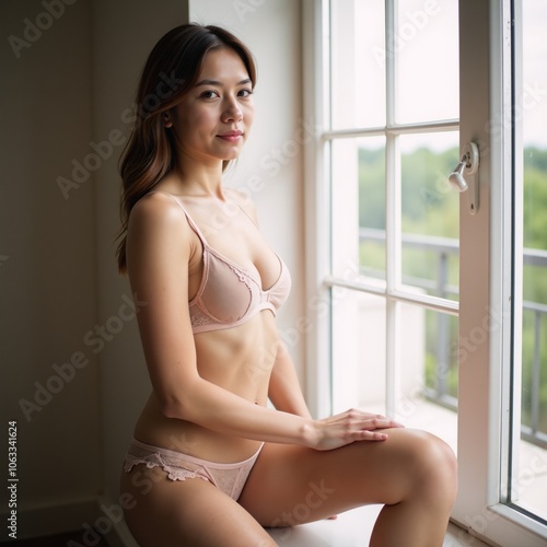 Young woman in light bra seated by window under natural light