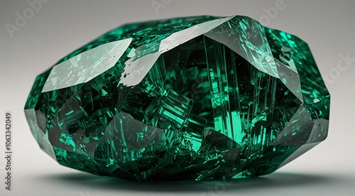 Raw Emerald Gemstone with Faceted Cut on Grey Background