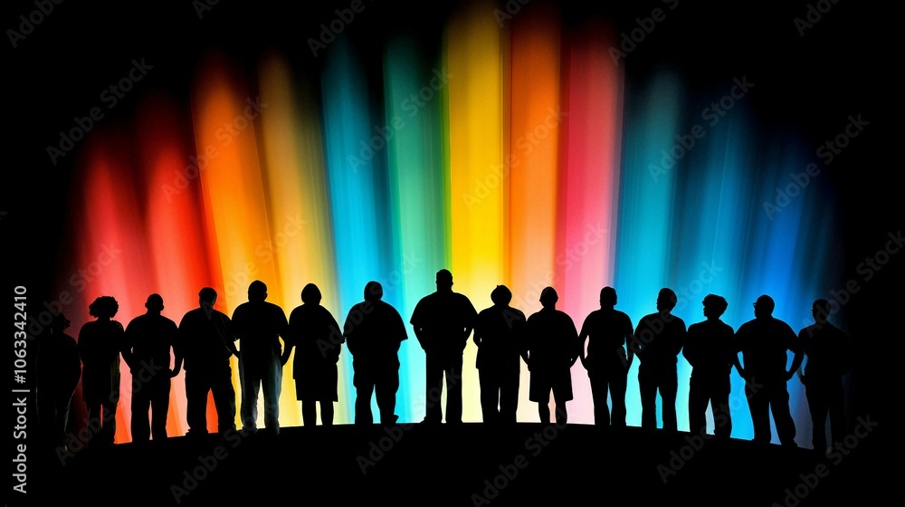Silhouette Crowd Against Colorful LGBT Background Silhouette Crowd Against Colorful LGBT Background