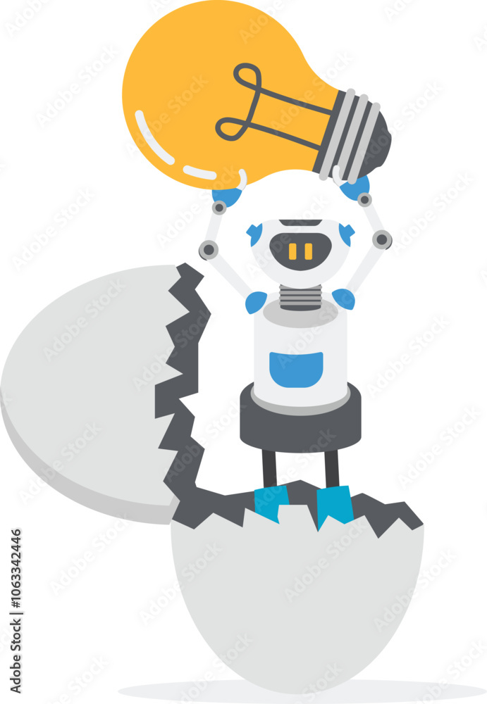 Fototapeta premium Glowing light bulb leads the robot to fly outside the egg