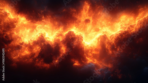 A dramatic image depicting an intense,fiery blaze with scorching flames,explosive a cataclysmic disaster scene. The image conveys a sense of extreme heat,chaos. photo