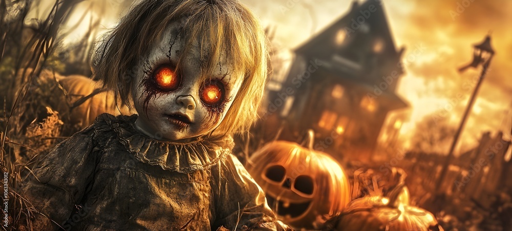 A haunting Halloween scene depicting a deformed,ghoulish monster lurking in a dark,gothic landscape filled with eerie,glowing pumpkins. The sinister,ominous atmosphere creates a chilling. A haunting Halloween scene depicting a deformed,ghoulish monster lurking in a dark,gothic landscape filled with eerie,glowing pumpkins. The sinister,ominous atmosphere creates a chilling.