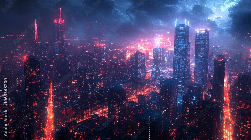 A dazzling urban skyline displaying intense red and pink neon lights; an embodiment of cyberpunk style and futuristic city life in a bustling metropolis. A dazzling urban skyline displaying intense red and pink neon lights; an embodiment of cyberpunk style and futuristic city life in a bustling metropolis.