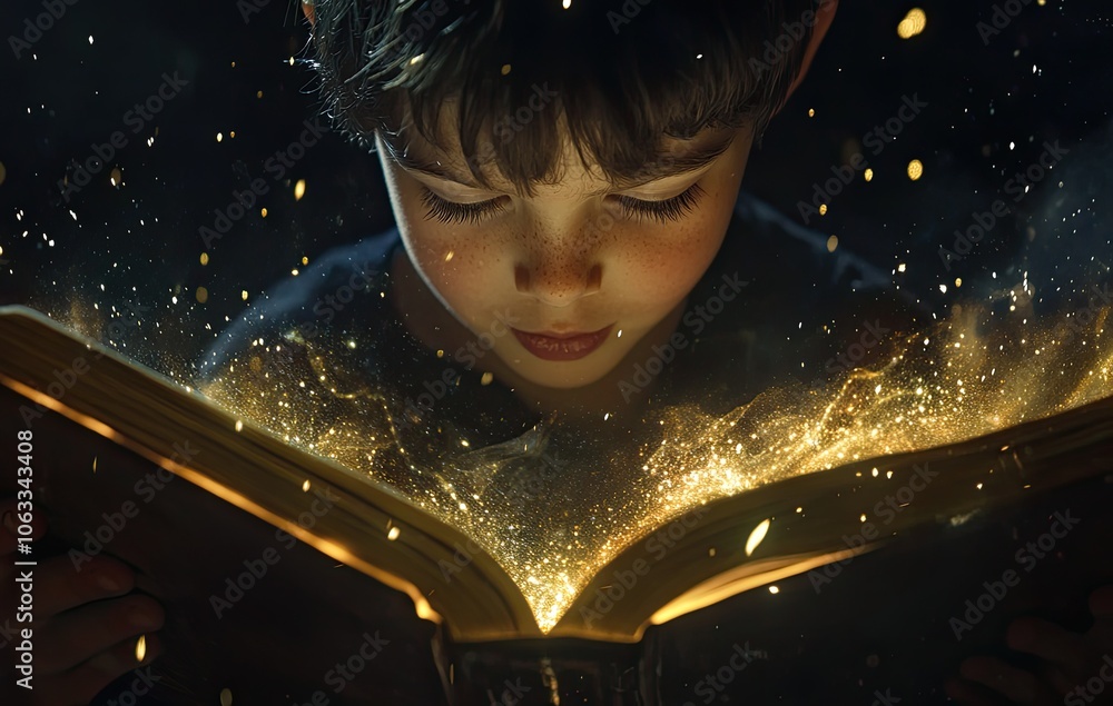 A child reading an open book with light emanating from it, creating magical sparkles around the boy's face A child reading an open book with light emanating from it, creating magical sparkles around the boy's face