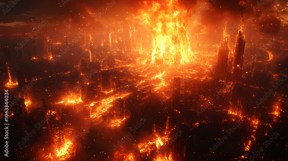 Apocalyptic cityscape with skyscrapers and high-rise buildings consumed by a raging inferno,with intense flames,billowing smoke,and a dramatic,fiery explosion lighting up the urban landscape. Apocalyptic cityscape with skyscrapers and high-rise buildings consumed by a raging inferno,with intense flames,billowing smoke,and a dramatic,fiery explosion lighting up the urban landscape.