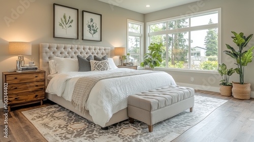 Modern bedroom with a king-size bed, nightstands, and a large window overlooking a green lawn.