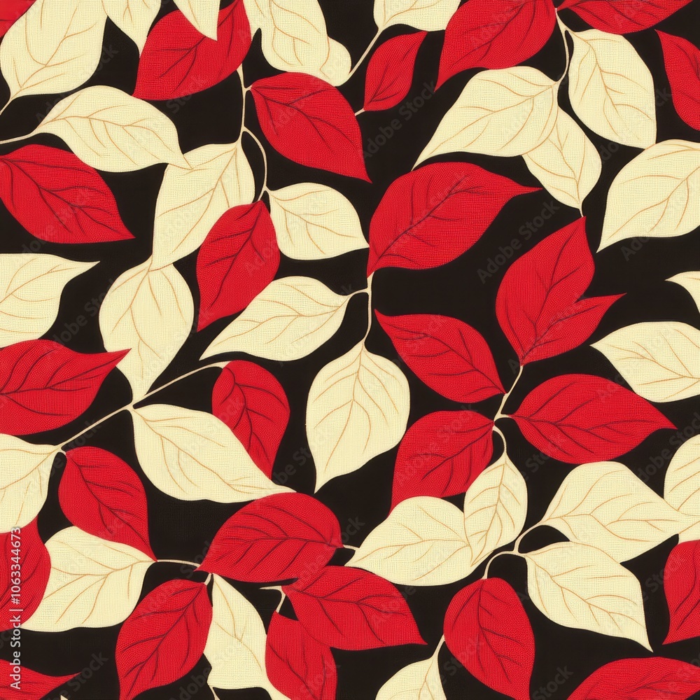 A patterned fabric featuring red and cream leaves on a black background. A patterned fabric featuring red and cream leaves on a black background.