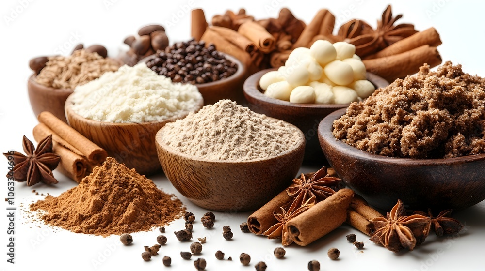 Assortment of aromatic spices and herbs including cinnamon,clove,nutmeg,ginger,cumin,cardamom,and star anise in wooden bowls on a rustic table. Assortment of aromatic spices and herbs including cinnamon,clove,nutmeg,ginger,cumin,cardamom,and star anise in wooden bowls on a rustic table.