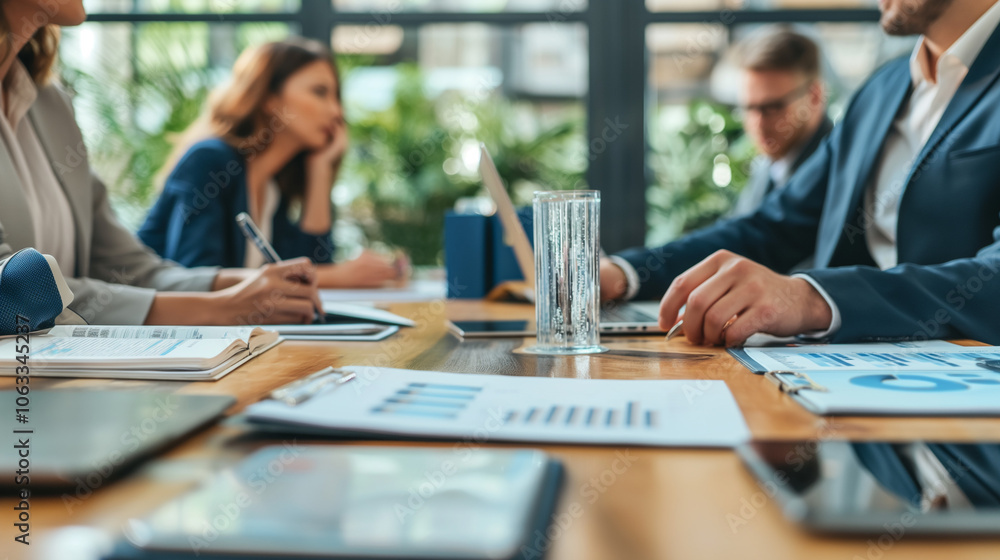 Business people discussing finances in a corporate meeting. Business people discussing finances in a corporate meeting.