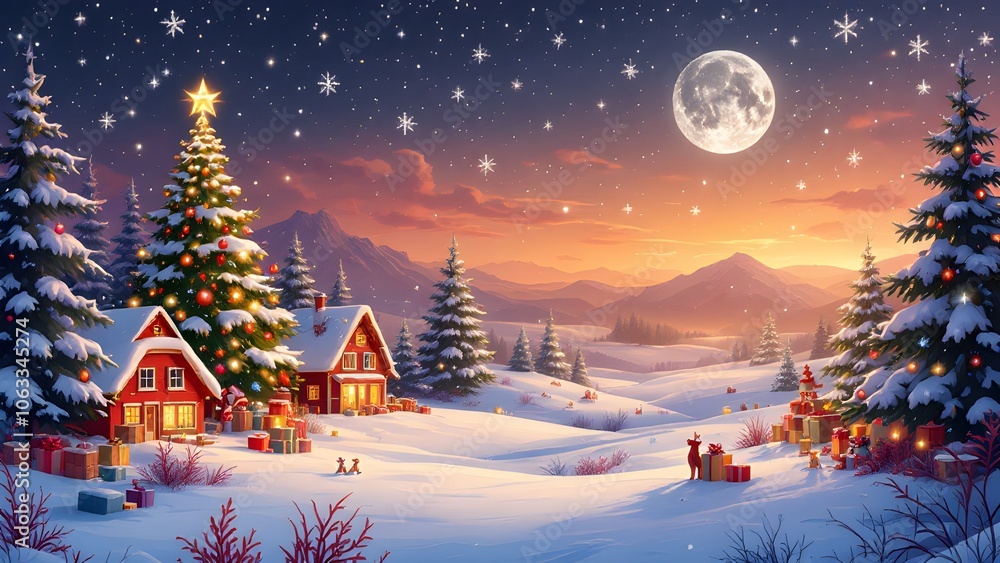 Fototapeta premium Christmas scene in snowy forest under starry sky background 