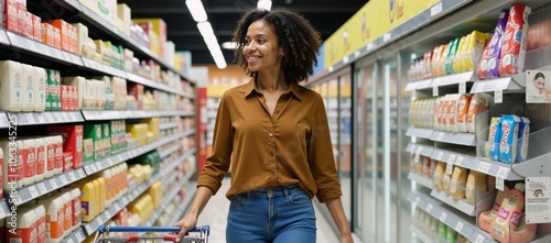 African American young woman browses supermarket shelves for items to purchase photo