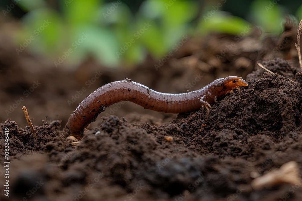 A Close-Up View of a Worm Crawling Through Rich, Dark Soil in a Lush Garden During Daylight Hours A Close-Up View of a Worm Crawling Through Rich, Dark Soil in a Lush Garden During Daylight Hours