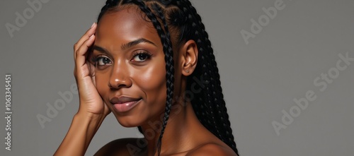 A portrait featuring an African-American woman with long braids and expressive eyelashes striking a thoughtful pose with one hand on her head