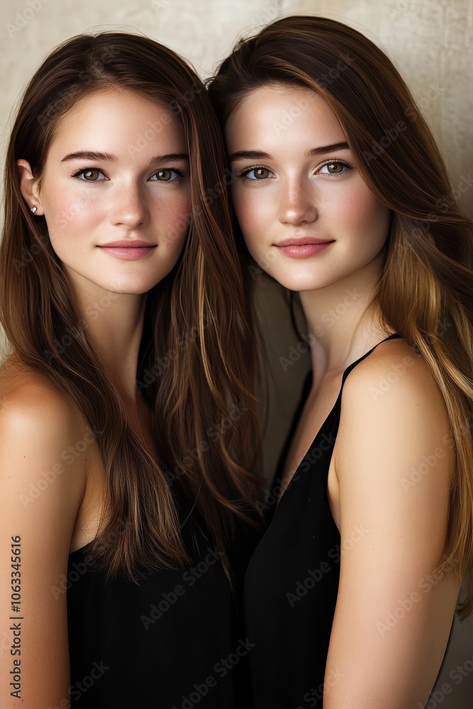 Portrait of Two Beautiful Young Women with Long Brown Hair and Brown Eyes, Wearing Black Tops
