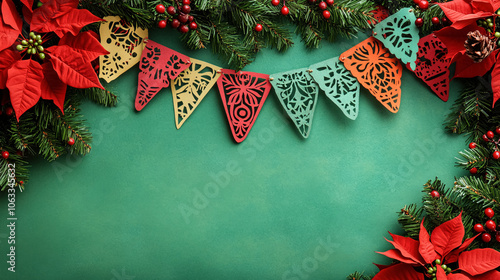 Bright papel picado banners with small Christmas symbols in festive colors, arranged on a muted sage background with tiny poinsettia flowers, blank space for text writing photo