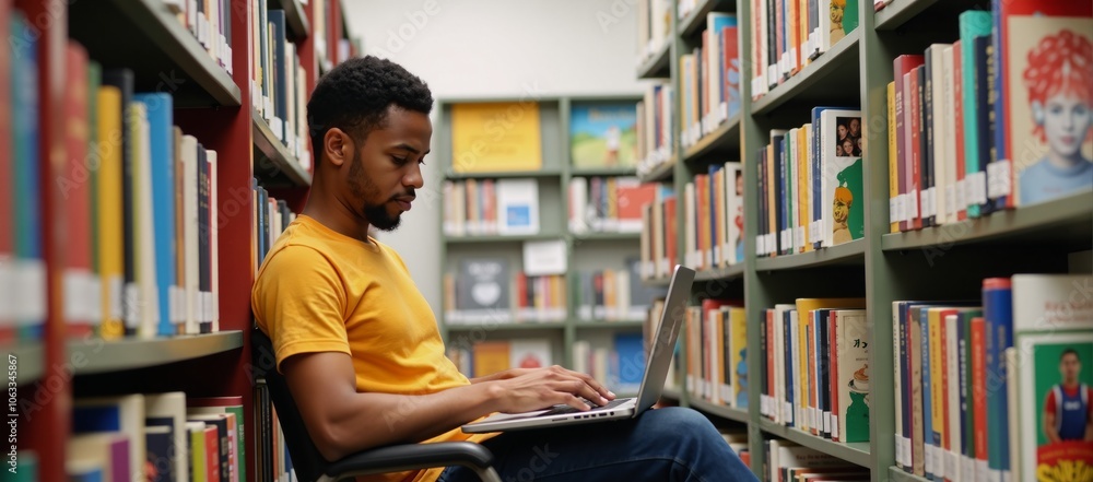 Confident African American male student studying intensely with a laptop amidst a vibrant school library full of educational materials Confident African American male student studying intensely with a laptop amidst a vibrant school library full of educational materials