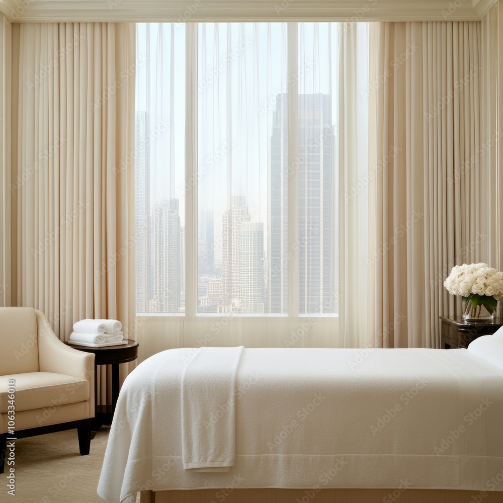 A serene hotel room featuring a bed, chair, and city view through large windows. A serene hotel room featuring a bed, chair, and city view through large windows.